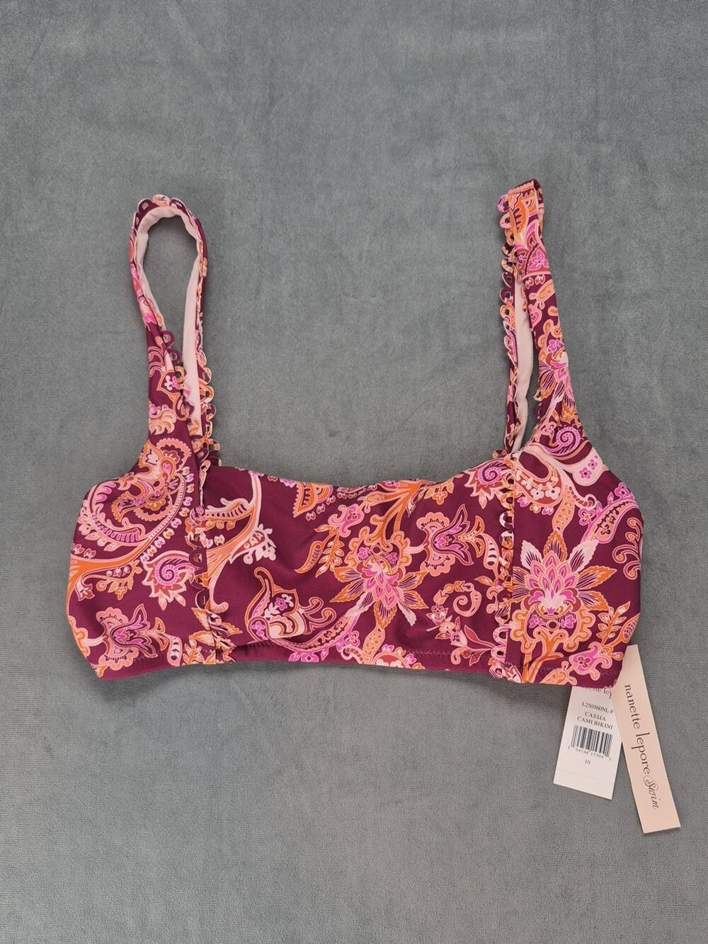 Nanette Lepore Cassia Cami Bikini Top 10 Paisley Burgundy Pink Orange NWT
